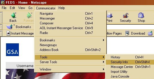 Netscape 4 Communicator to Tools to Security Info Menu - Image