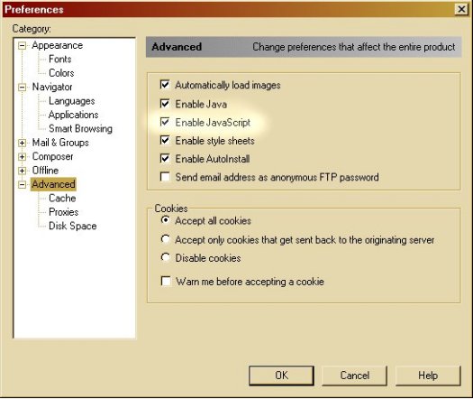 Netscape Navigator 4 Preferences Window Image