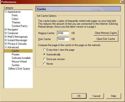 Netscape Navigator 6 Preferences>Cache Image