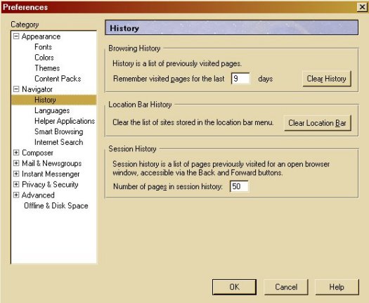 Netscape Navigator 6 History Image under the Preference Window
